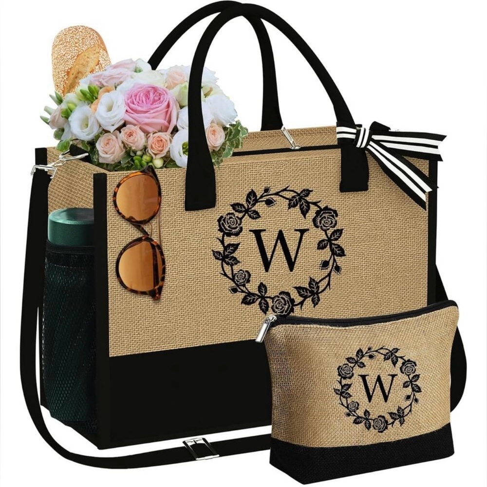 🖤Elegant Black and Tan Tote Bag with Floral Design with initial W